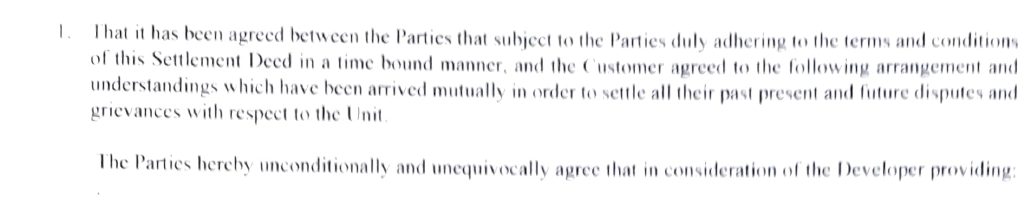 Clause 1 of the Settlement Deed, ending at the words in consideration of the Developer providing, with nothing after it