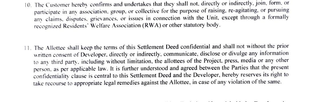 Clauses 10 and 11 of the Settlement Deed, barring the allottee from joining any association of allottees and from disclosing anything to other allottees, press or media