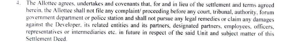Clause 4 of the Settlement Deed, barring the allottee from filing before any court, tribunal, authority or forum