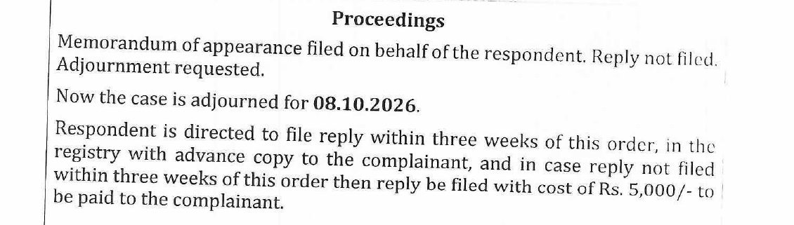 Proceedings recorded in the HARERA Gurugram order of 6 August 2026: memorandum of appearance filed for the respondent, reply not filed, adjournment requested, case adjourned to 8 October 2026